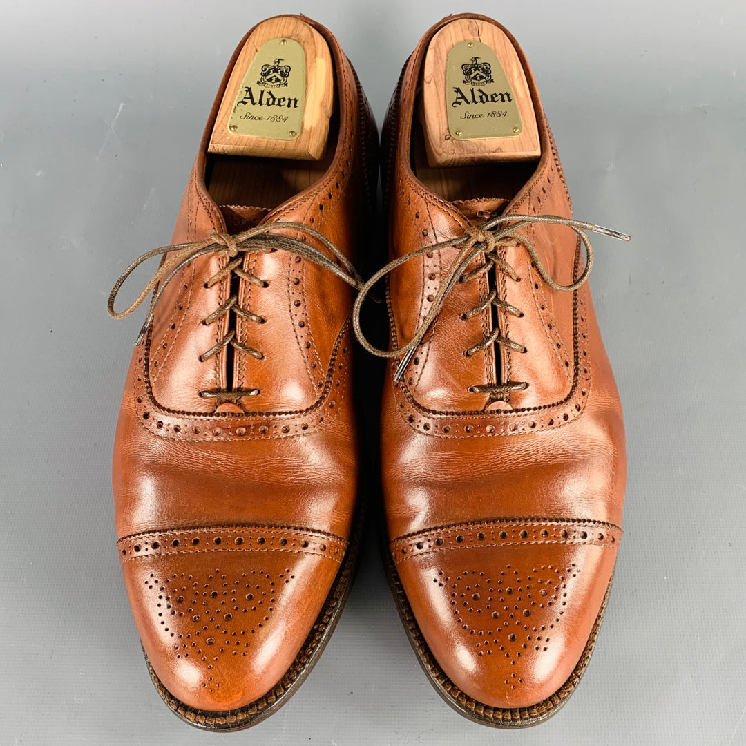 ALDEN Size 10 Brown Cognac Perforated Leather Cap Toe Lace-Up Shoes