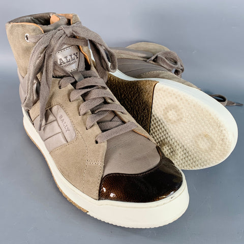 BALLY Size 8.5 Brown Taupe Color Block Leather High Top Sneakers
