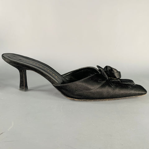 RICHARD TYLER Size 9.5 Black Satin Floral Kitten Heel Mule Sandals