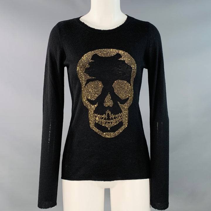 ZADIG & VOLTAIRE Size XS Black Gold Cashmere Rhinestones Skull Pullover