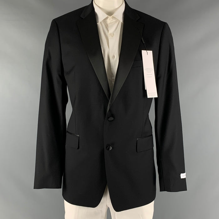 CALVIN KLEIN Size 46 Long Black Solid Wool Tuxedo Sport Coat