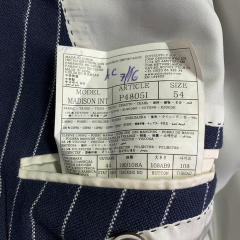 SUIT SUPPLY Chest Size 44 Navy White Pinstripe Cotton Double Breasted Sport Coat