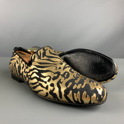 JIMMY CHOO Size 9 Black Gold Animal Print Jacquard Slip On Loafers