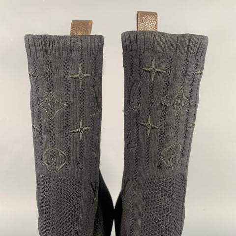 LOUIS VUITTON Size 9 Black Nylon Knit Monogram Chunky Heel Sock Boots
