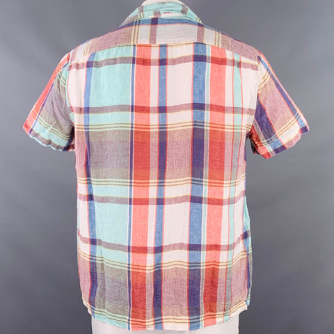 J.CREW Size L Multi-Color Madras Linen One Pocket Short Sleeve Shirt