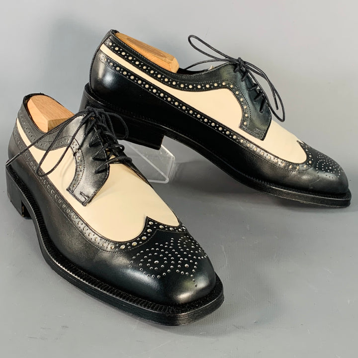 SALVATORE FERRAGAMO Size 9 Black Ivory Leather Spectator Wingtip Lace-Up Shoes