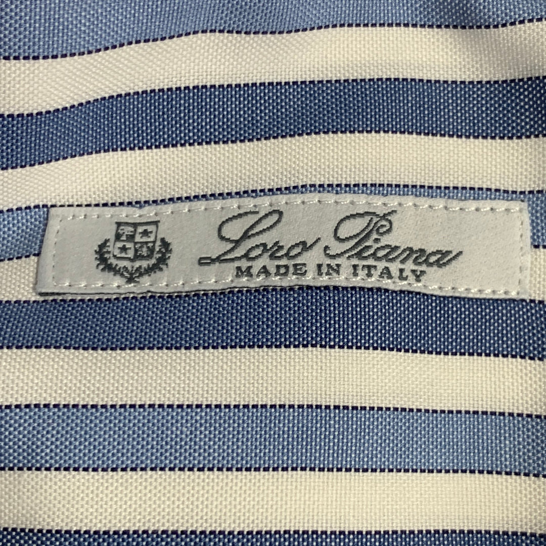 LORO PIANA Size XL Blue White Stripe Cotton One Pocket Long Sleeve Shirt