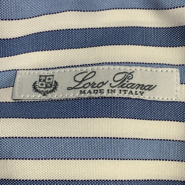 LORO PIANA Size XL Blue White Stripe Cotton One Pocket Long Sleeve Shirt