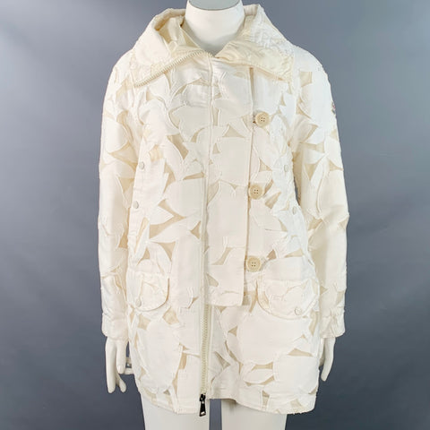 MONCLER Size L Off White Cotton Silk Cut Out Parka Jacket