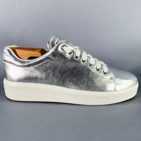 PRADA Size 7.5 Metallic Silver Leather Platform Sneakers