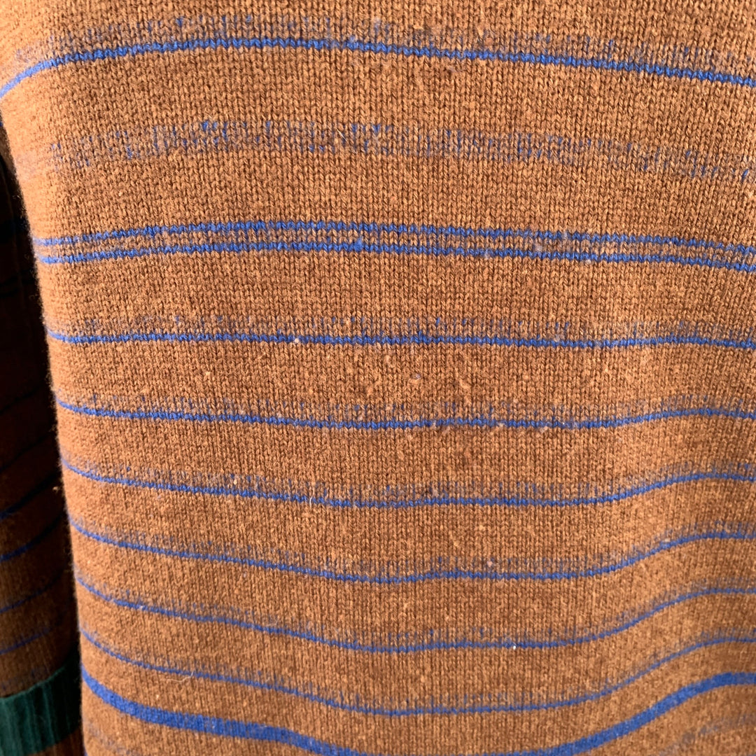 SACAI Size XL Brown Blue Orange Stripe Wool One Pocket Crew Neck Sweater
