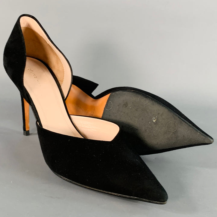 CELINE Size 8.5 Black Suede Pointed Toe D'Orsay Stiletto Pumps