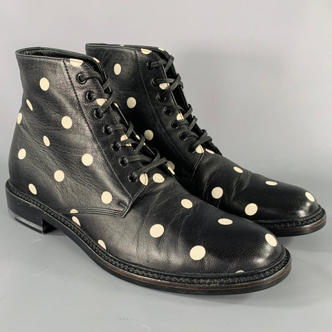 SAINT LAURENT Size 7.5 Black White Leather Polka Dot Ankle Boots