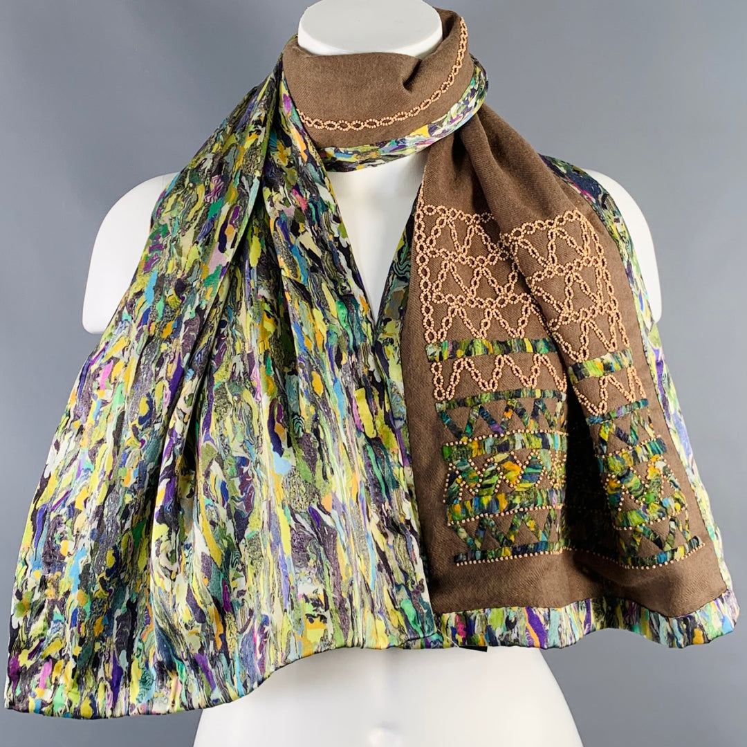 DRIES VAN NOTEN Green Beige Multi Color Beaded Silk Wool Scarf Shawl