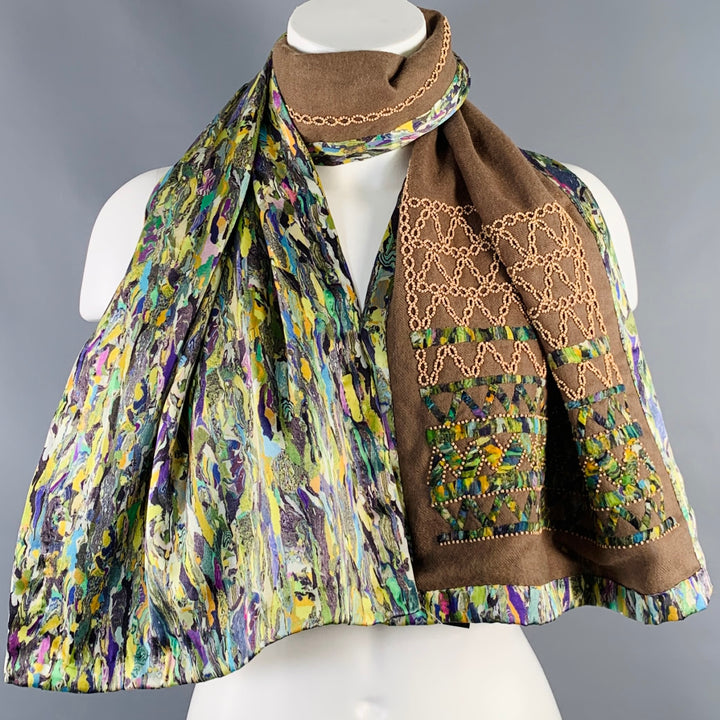 DRIES VAN NOTEN Green Beige Multi Color Beaded Silk Wool Scarf Shawl