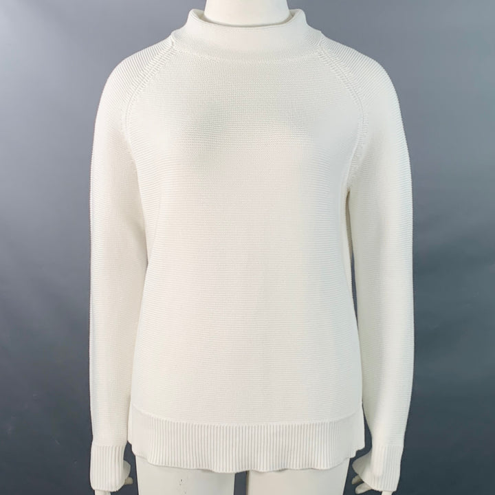 KINROSS Size L Loden White Cotton Garter Stitch Knit Mock Neck Sweater