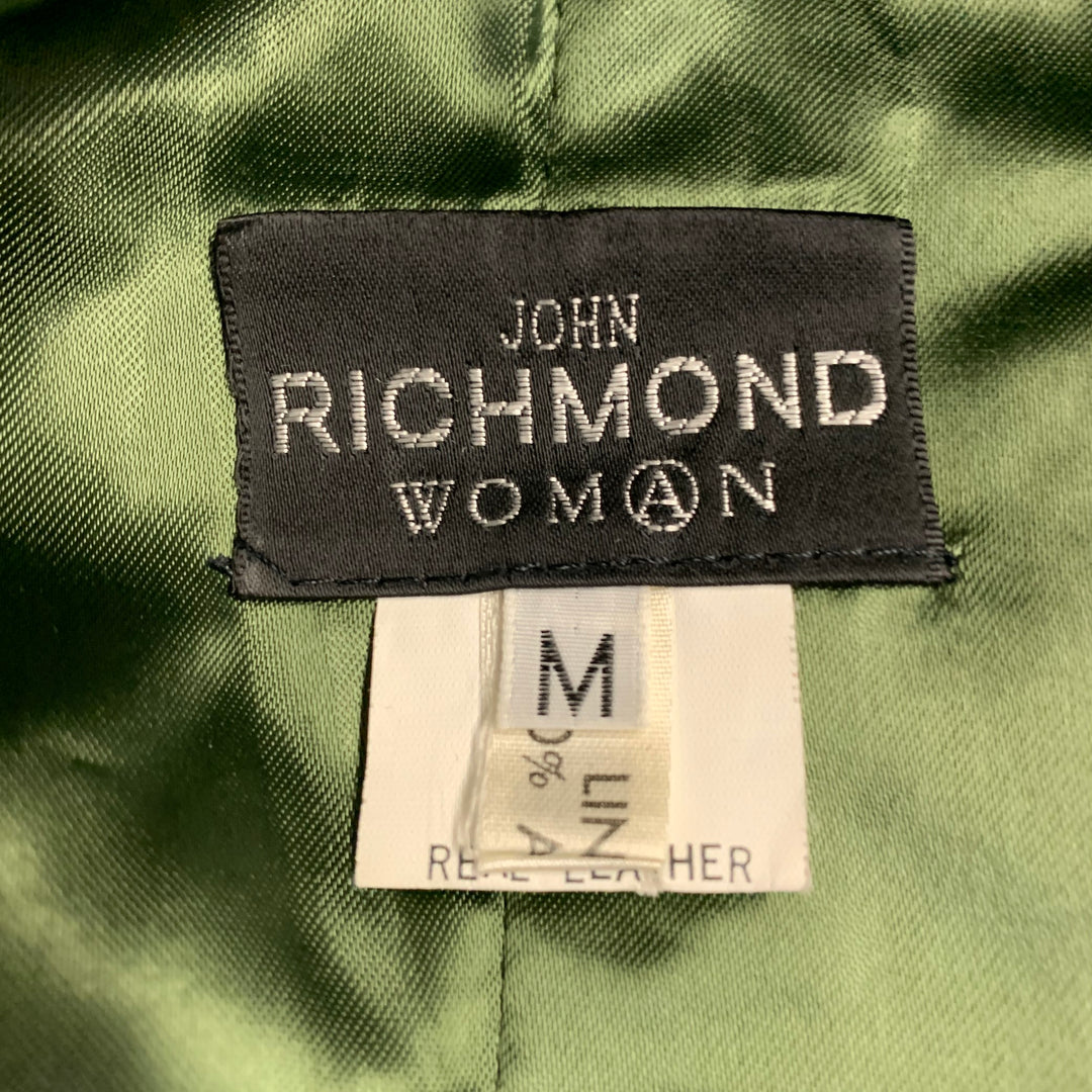 JOHN RICHMOND Size M Black Silver Leather Patches Zip Pockets Biker Jacket