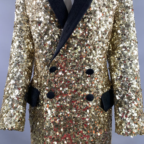 DOLCE & GABBANA Size S Gold Black Polyamide Blend Sequined Peak Lapel Coat