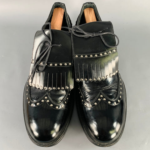 DSQUARED2 Size 11.5 Black Silver Studded Patent Leather Moccasin Lace-Up Shoes