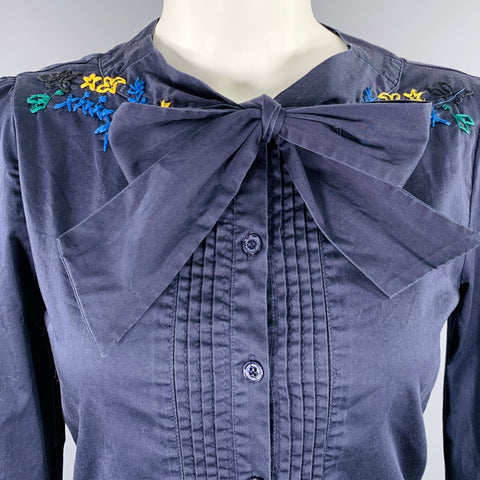 LOVE MOSCHINO Size 4 Navy Multi Color Cotton Blend Embroidered Casual Top
