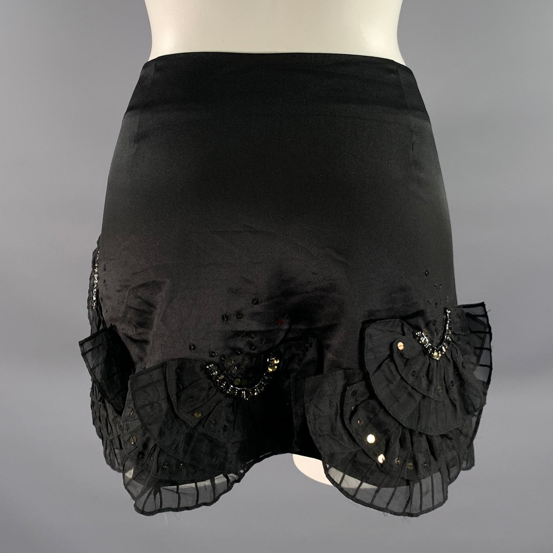 KAREN MILLEN Size 10 Black Silk Blend Ruffled Mini Skirt
