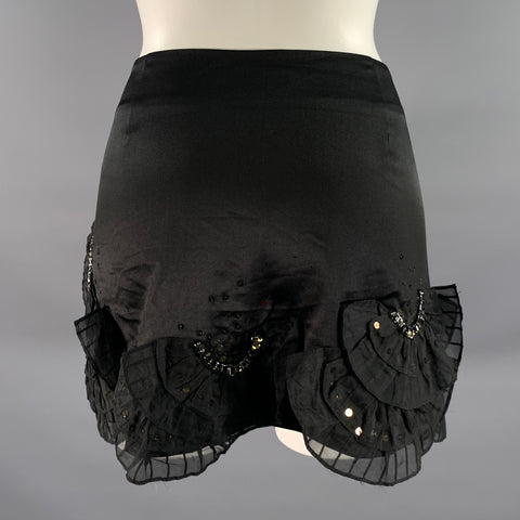 KAREN MILLEN Size 10 Black Silk Blend Ruffled Mini Skirt