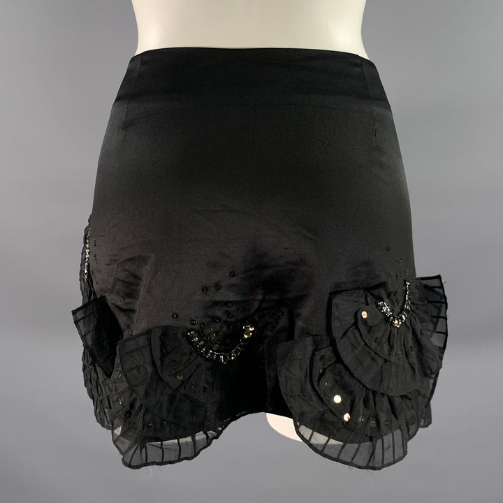 KAREN MILLEN Size 10 Black Silk Blend Ruffled Mini Skirt