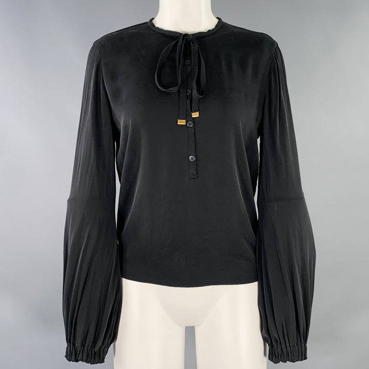 DIANE VON FURSTENBERG Size 6 Black Silk Blend Half Placket Shirt