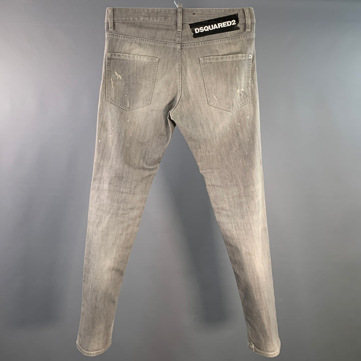 DSQUARED2 Size 32 Grey Distressed Cotton Blend Paint Splatter Straight Button Fly Jeans