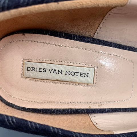 DRIES VAN NOTEN Size 7 Navy Silver Stripe Rhinestone Chunky Heel Pumps
