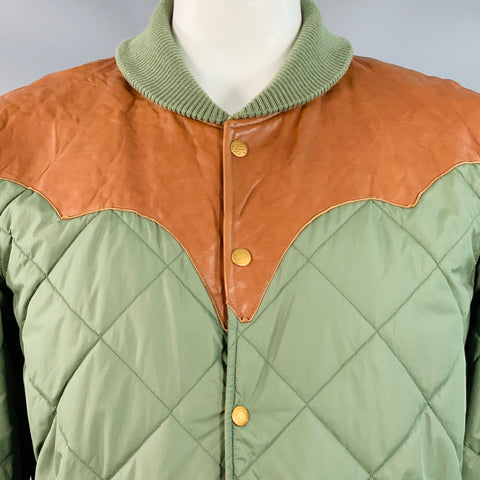 RRL by RALPH LAUREN Size XL Oilcloth Bomber Green Brown Quilted Reversible Nylon Leather Snaps Jacket