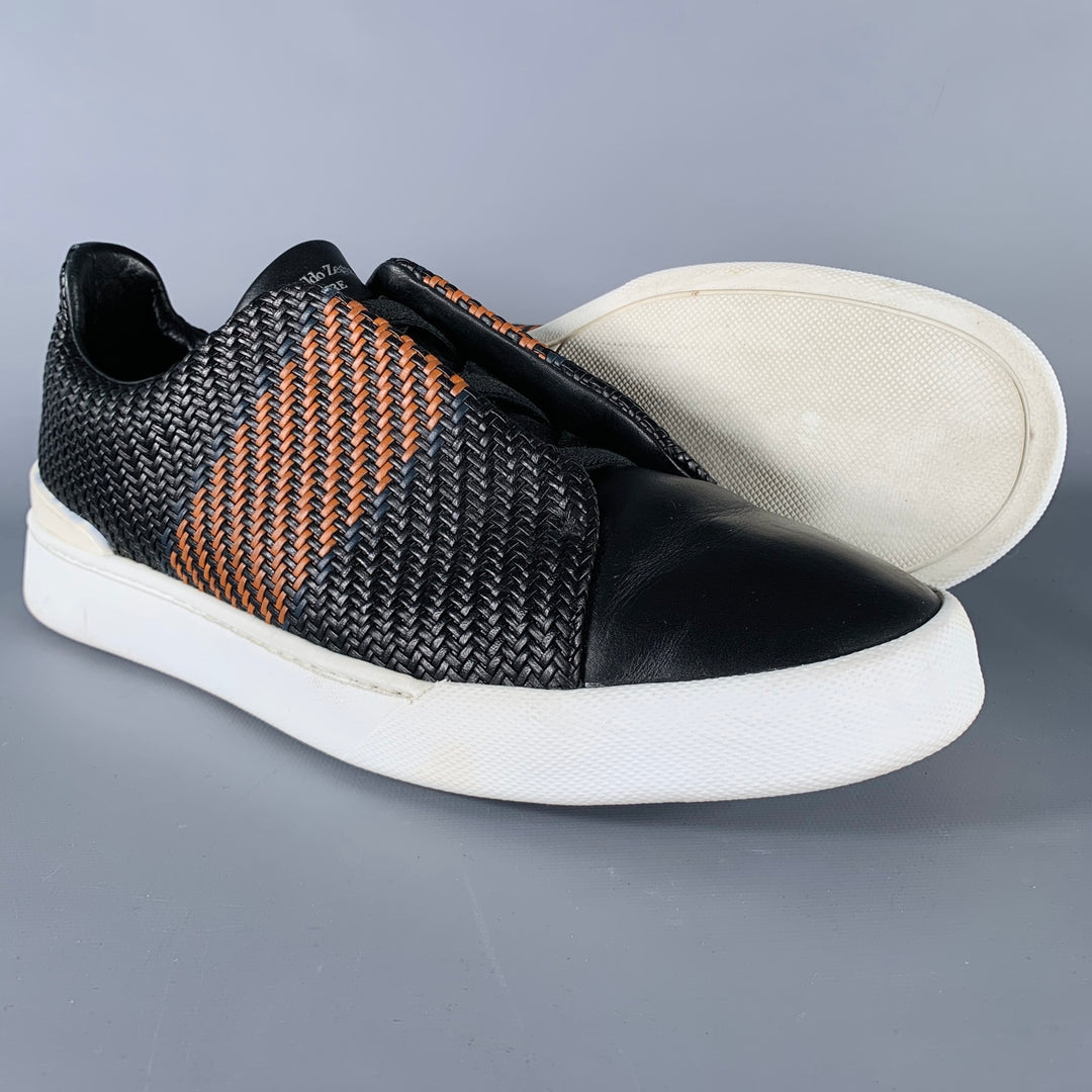 ERMENEGILDO ZEGNA Size 12 Black Brown Woven Leather Slip On Sneakers