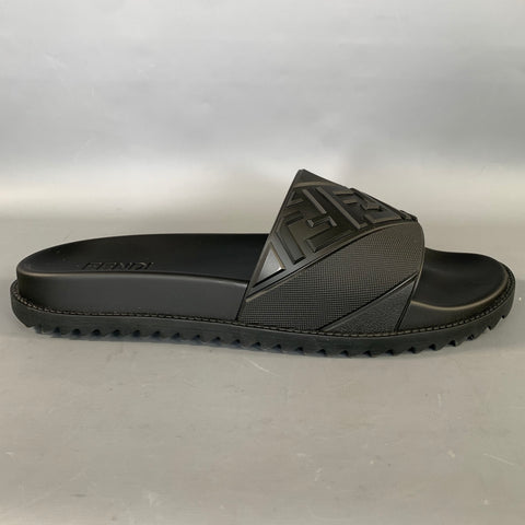 FENDI Size 12 Black Monogram Rubber Slide Sandals