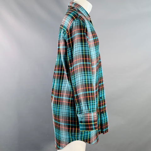 ASPESI Size XS Aqua Multi Color Plaid Cotton Oversized Longline Long Sleeve Shirt