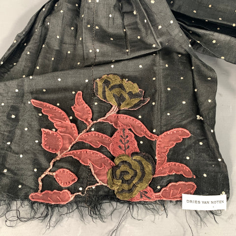 DRIES VAN NOTEN Black Mauve Floral Silk Scarves