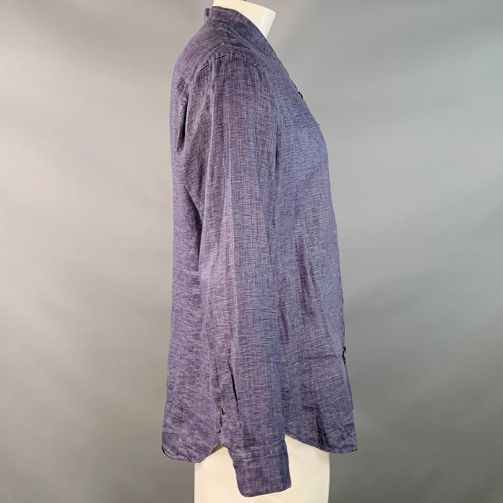 GIORGIO ARMANI Size L Blue Woven Linen Collarless Double Zipper Long Sleeve Shirt