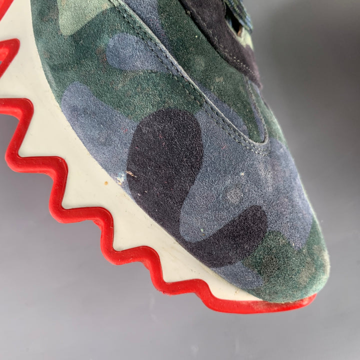 CHRISTIAN LOUBOUTIN Size 12 Green Blue Camouflage Suede Red Sole Sneakers