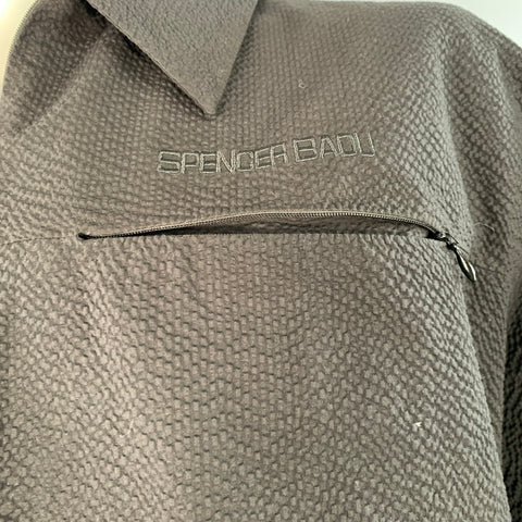 SPENCER BADU Size L Black Seersucker Cotton Oversized Zip Up Short Sleeve Shirt