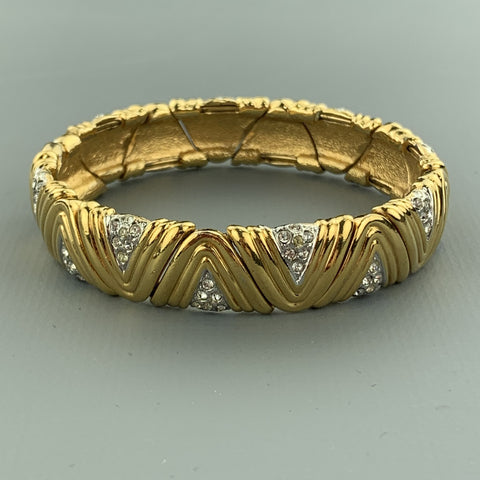 Vintage Gold Tone Metal Rhinestones Textured Open Cuff Bracelet