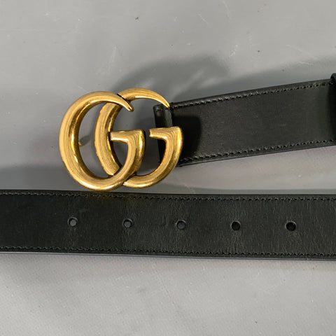 GUCCI Size 36 Black Gold Monogram Leather Belt
