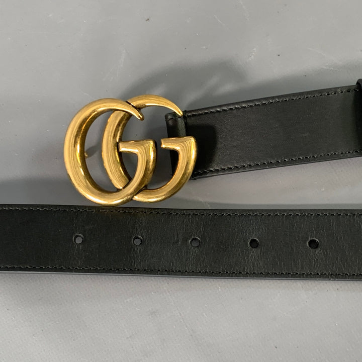 GUCCI Size 36 Black Gold Monogram Leather Belt