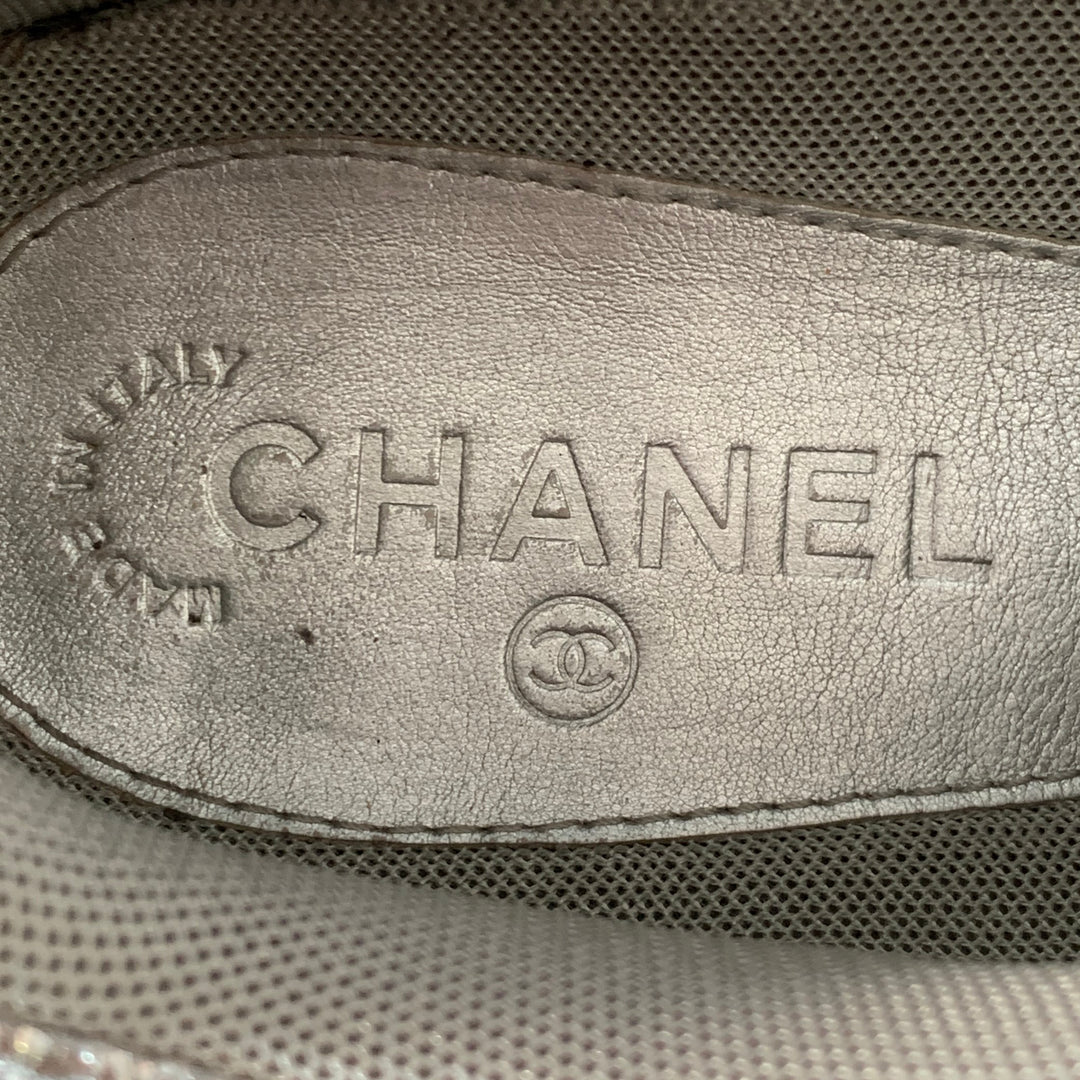 CHANEL Size 11 Metallic Silver Navy Crackled Leather Lace-Up Sneakers