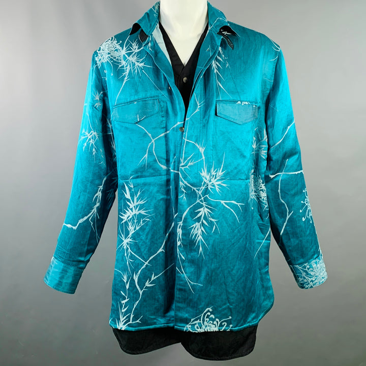 HAIDER ACKERMANN Size M Teal White Jacquard Linen Silk Layered Long Sleeve Shirt