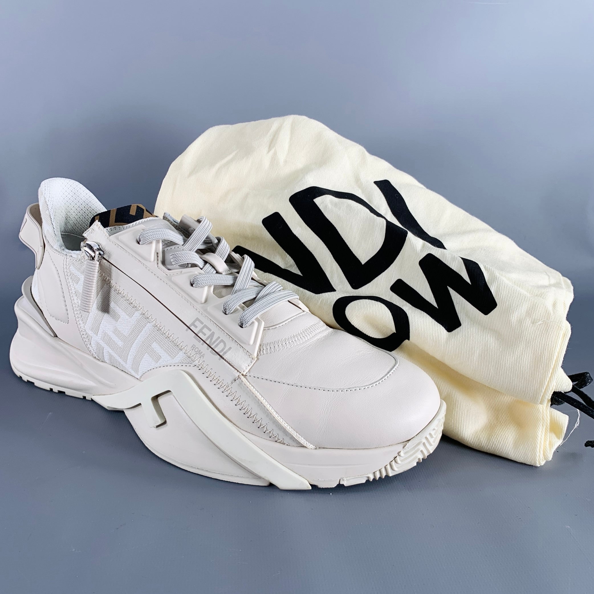 FENDI Size 11 White Off-White Leather Lace Up Zipper Flow Sneakers