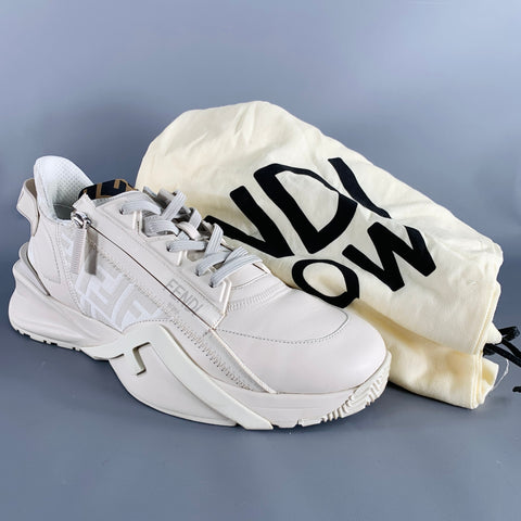 FENDI Size 11 White Off-White Leather Lace Up Zipper Flow Sneakers