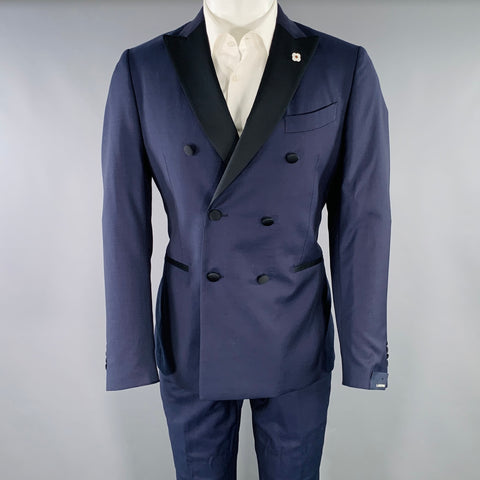 LARDINI Size 38 Navy Black Wool Double Breasted Tuxedo