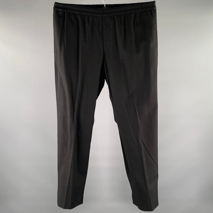 DRIES VAN NOTEN Pantalon en mélange de coton noir, taille élastiquée, taille 32