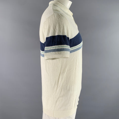 MARINE LAYER Size L Navy White Blue Color Block Stripe Cotton Polo