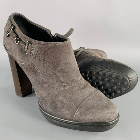 TOD'S Size 8.5 Grey Suede Platform Stacked Heel Ankle Boots