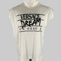 White sleeveless shirt with black text on a gray background